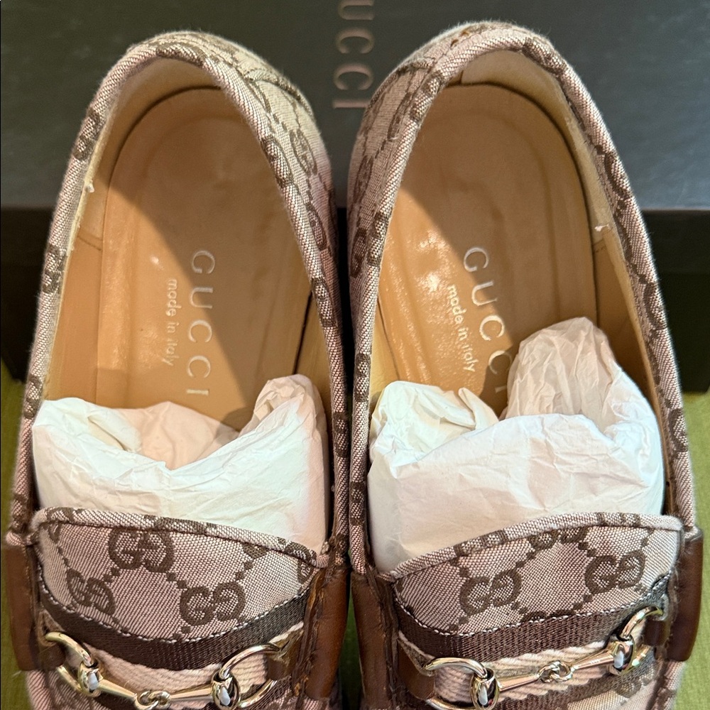 Gucci Beige Brown/Pink GG Canvas Horsebit Loafers - Picture 2 of 7